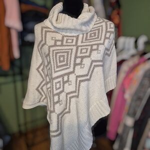 Sonoma Cowl Neck Poncho - Cream and Brown Geometric